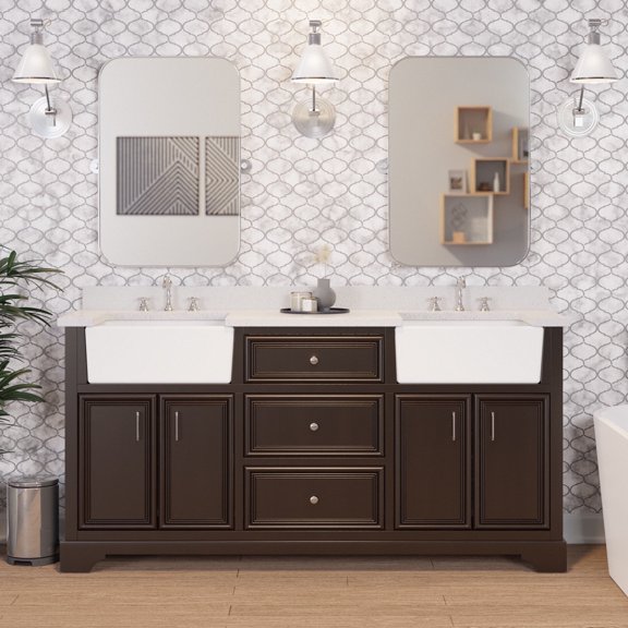 Zelda 72" Double Farmhouse Bathroom Vanity with Chocolate Cabinet and Quartz Top