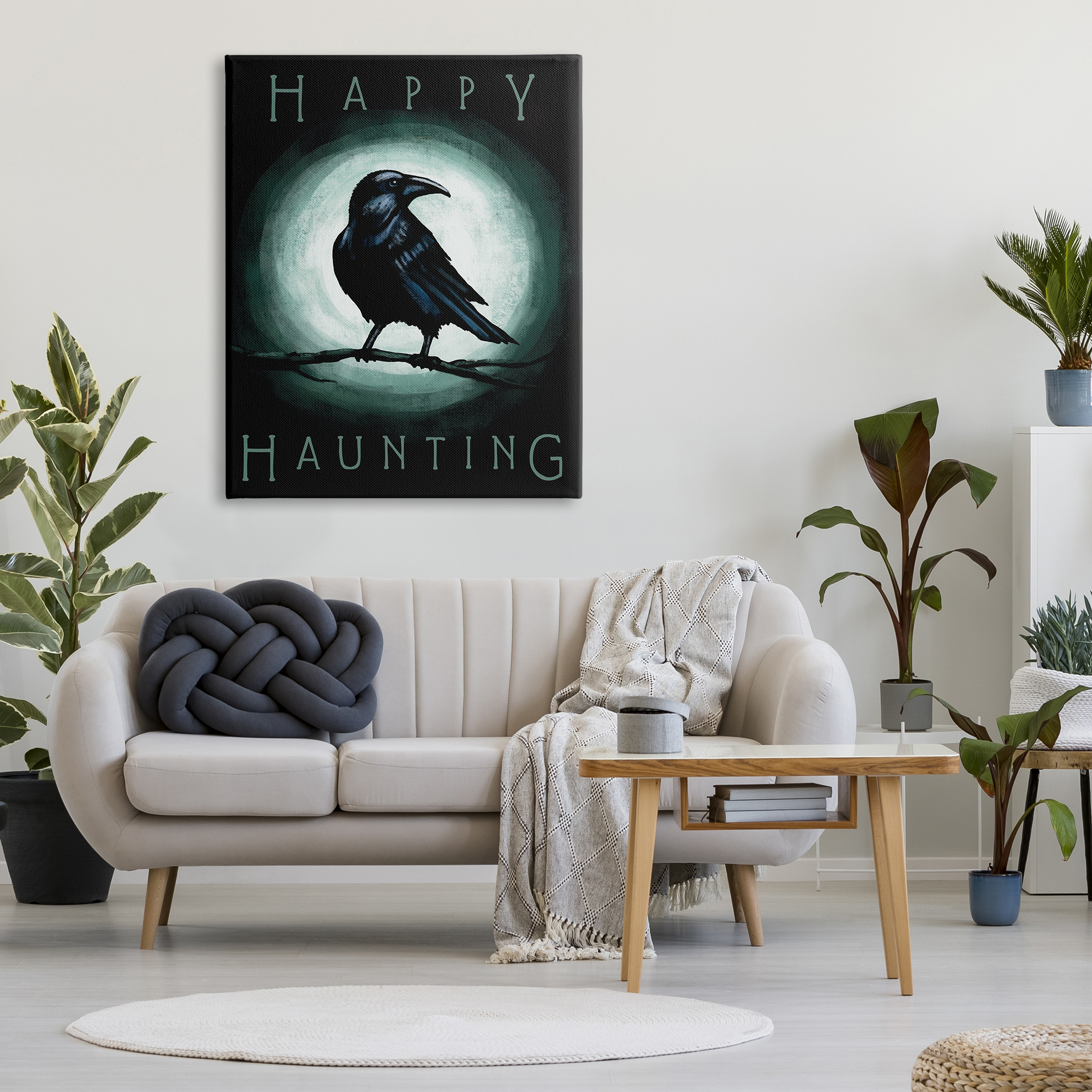 Stupell Industries Happy Hauntings Phrase Black Crow Perched Festive Halloween, 36 x 48, Designed by Elizabeth Tyndall