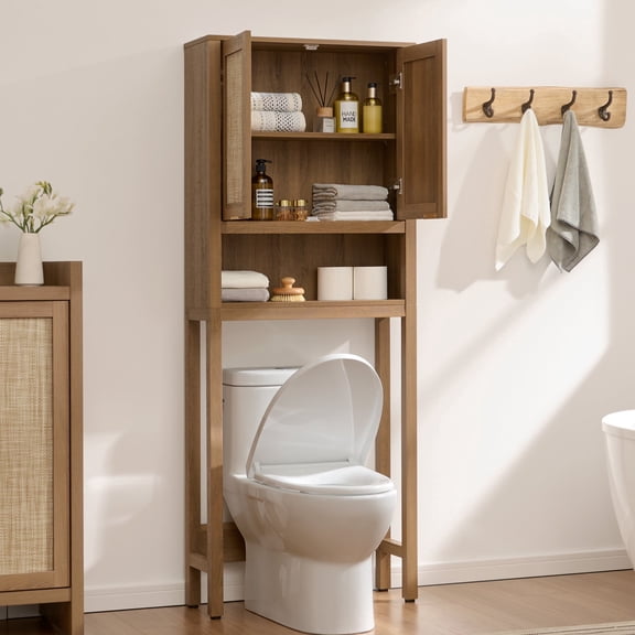 SICOTAS 66.92"H Tall Over The Toilet Storage Cabinet with Adjustable Shelf, Bathroom Organizer Rattan Doors & Gold Handle, Reclaimed Caramel Oak