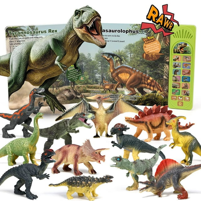 Oenux Juguetes de dinosaurios con libro de sonido interactivo para niños de 3 a 5 años Libro de dinosaurios con sonido y 12 figuras de dinosaurios de juguete Juguetes de aprendizaje de dinosaurios par