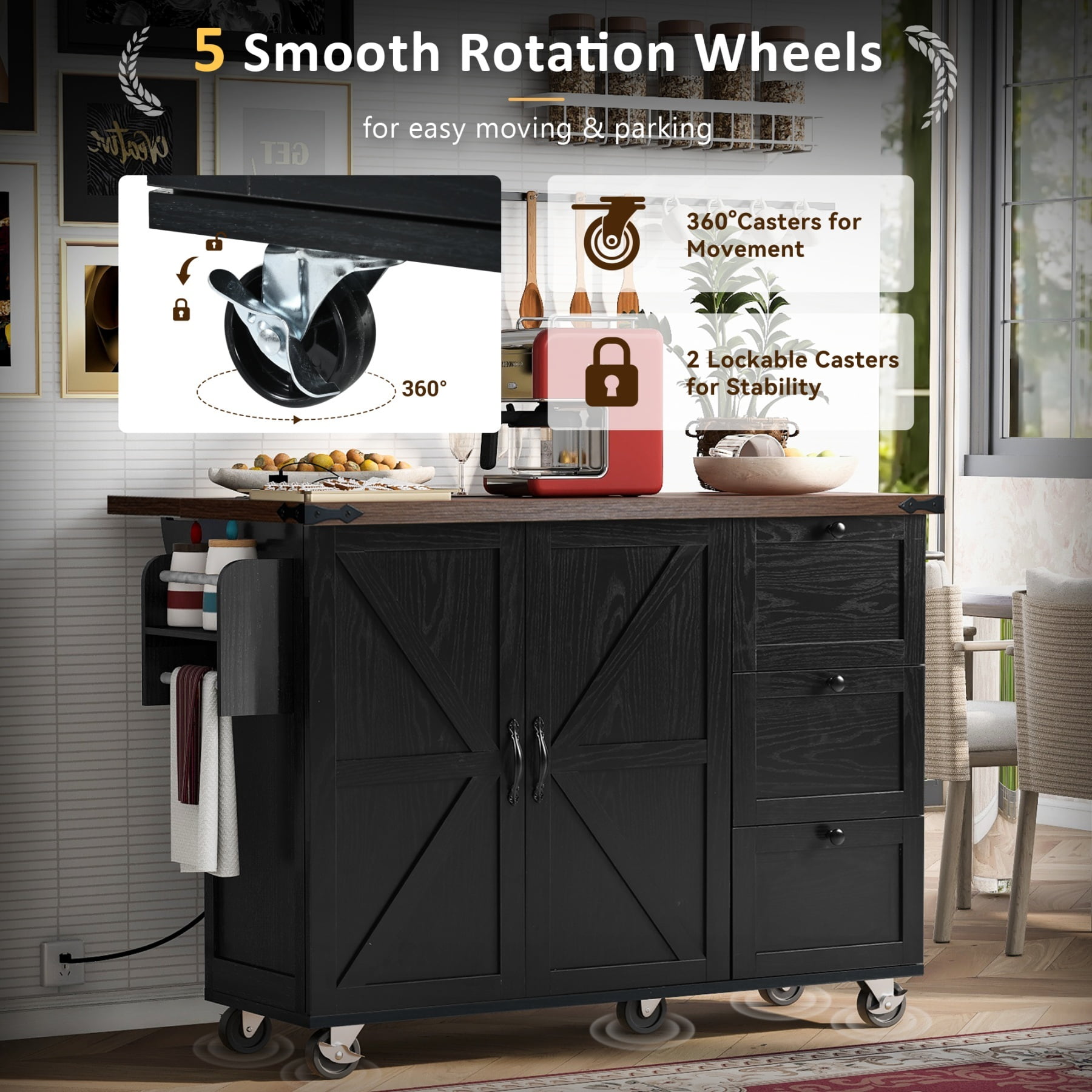 Alvantor 54.5'' Kitchen Island Carts with Power Outlet, Farmhouse Buffet Cabinet with Drop Leaf, Spice Rack and Drawer for Dining Room Living Room Black