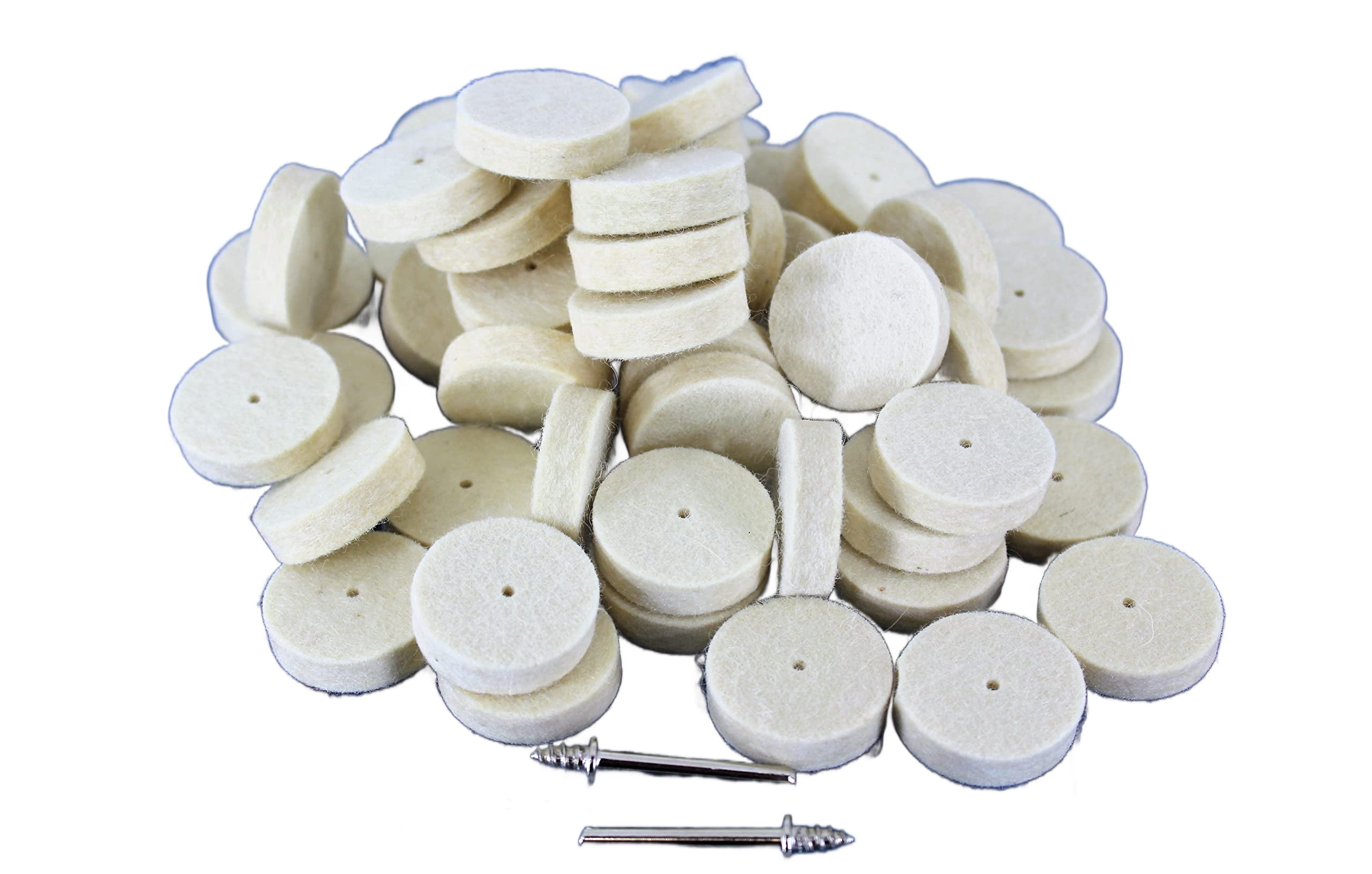 TMAX 100 pc Felt Polishing Wool Bob Burr 1 Inch Diameter 1/4 Inch High Wheel #429 with 2 Screw Mandrel 401 1/8 Inch Shank for Dremel Rotary Tools