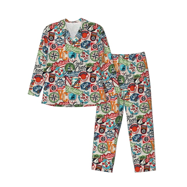 Fotbe Cute Nautical Pijama de Hombre con Estampado de Manga Larga, Conjunto de 2 Piezas, Ropa de Dormir Suave y Cómoda con Bolsillos-XX-Large