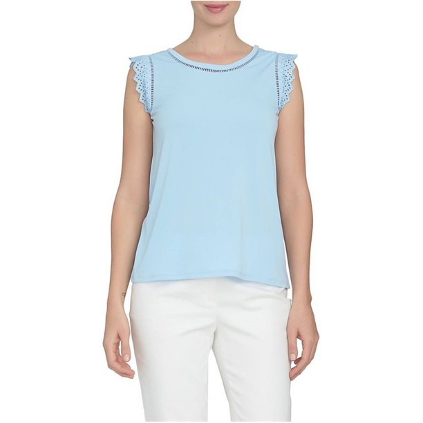 CeCe Blusa de punto con volantes y ojales para mujer, azul, grande CeCe Tejer