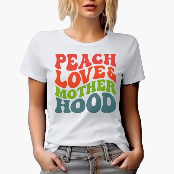 Peace, Love & Motherhood, Groovy Retro Wavy Text Merch Gift, White T-Shirt, Small