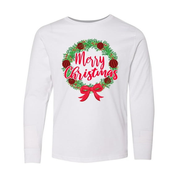 Inktastic Merry Christmas Wreath with Red Bow and Ornaments Long Sleeve Youth T-Shirt
