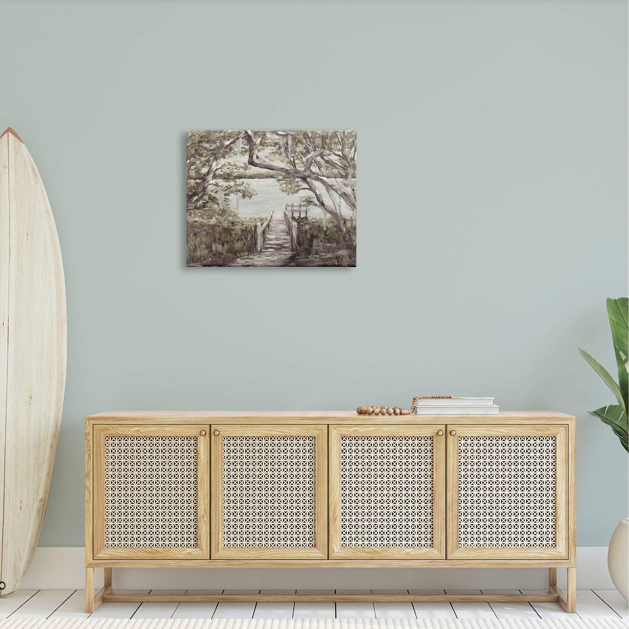Nature Waterfront Path Bridge Landscape Painting Gallery Wrapped Canvas Print Wall Art