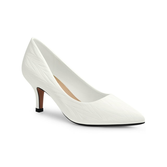 BLISSFUL STEP Women's Pointed Toe Printed Slip on Kitten Heel Pumps White (Size 9.5)