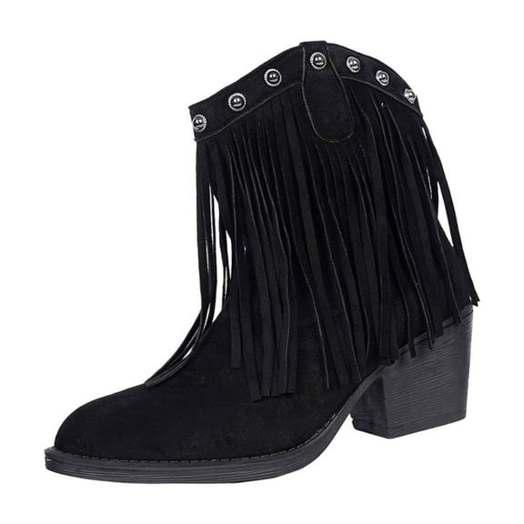 Wensltd Fall Shoes for Women Fashion Casual Trendy Winter Chunky Heel Tassel Suede Ankle Boots Black