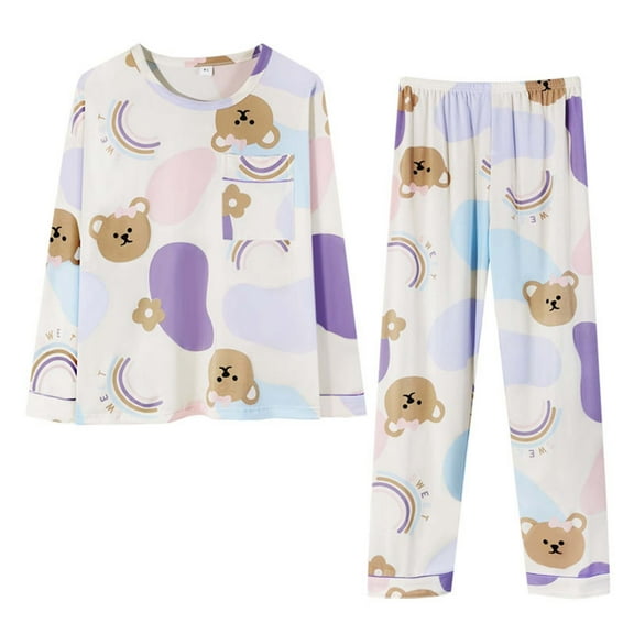 Bibifish Womens Pajama Sets Oversized Cute Bear Print Pjs Sets Long Sleeve Crewneck Tees With Wide Leg Pant Two Piece Home Wear Sets