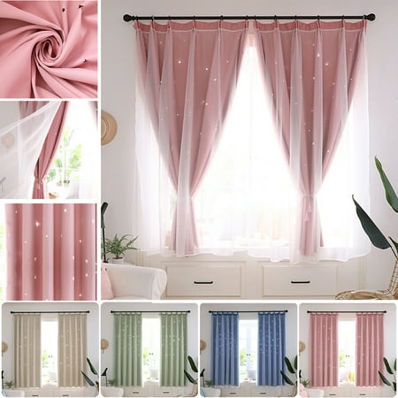 Double Layer Blackout Sheer Curtains Starry Hollow Out Stars