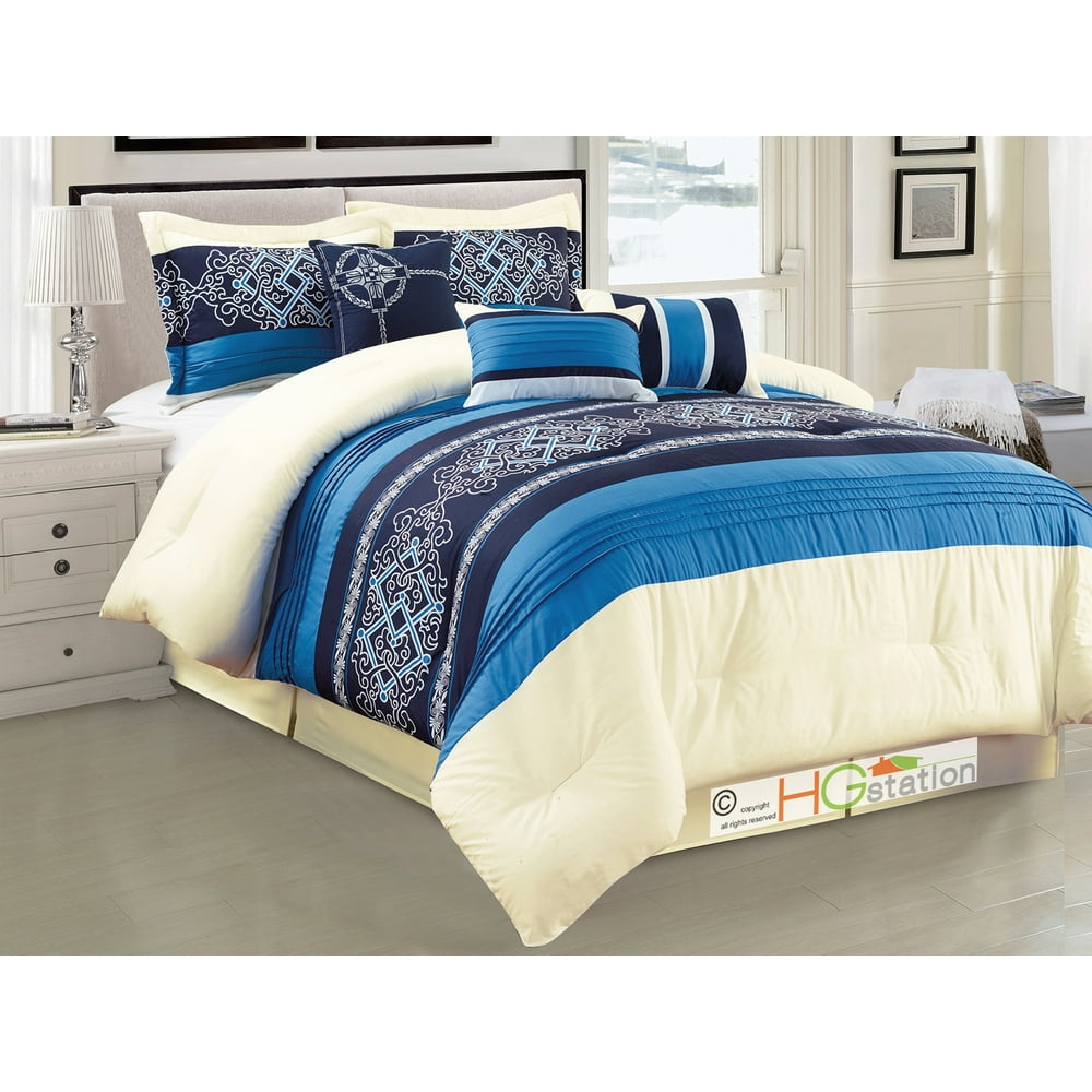 7Pc Royal Floral Damask Scroll Pleated Stripe Comforter Set Navy Blue