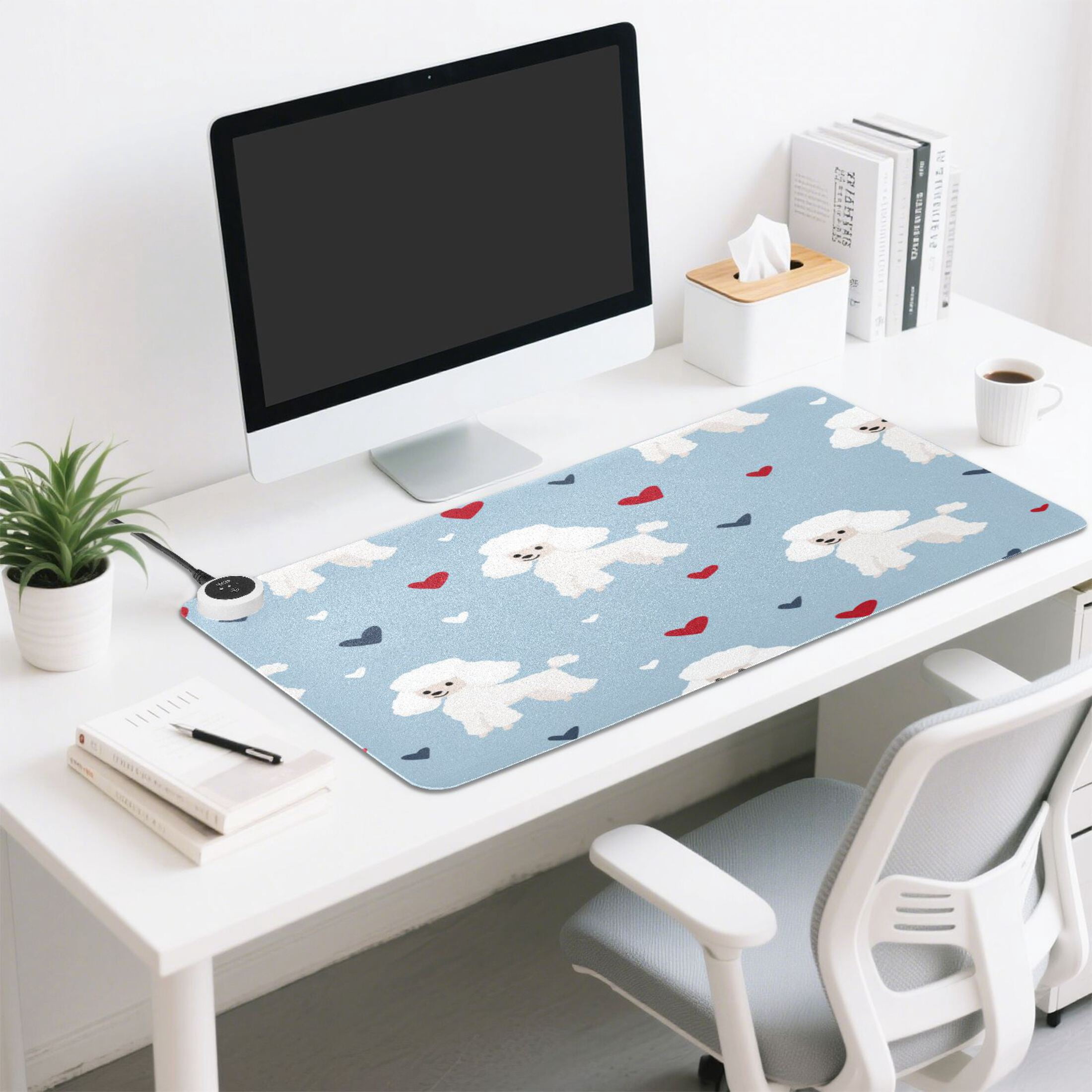 Large Heated Desk Mat Mouse Pad 31.5"x13"PU Leather Graphene Heating Desk Warmer with 3 Temperature Settings 110V US Plug Non-Slip Warm Pad for Home, Office, and Gaming Cute Sweet Poodle Hearts