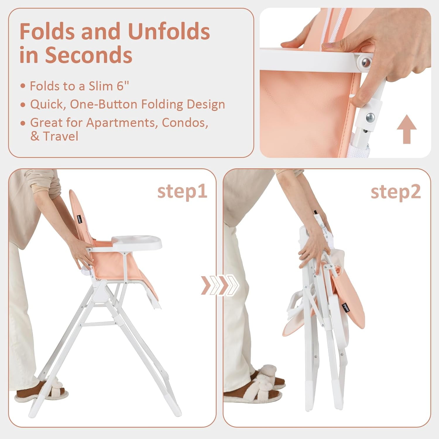 INFANS Baby High Chair, Quick Folding Portable Highchair for Babies and Toddlers with Adjustable Footrest Removable Dishwasher Tray PU Seat, Compact Highchairs for Baby Age 6-36 Months