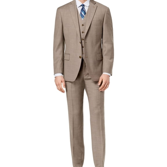 Michael Kors Mens 3 Piece Birdseye Two Button Formal Suit, Beige, 48 Long / 48W x UnfinishedL