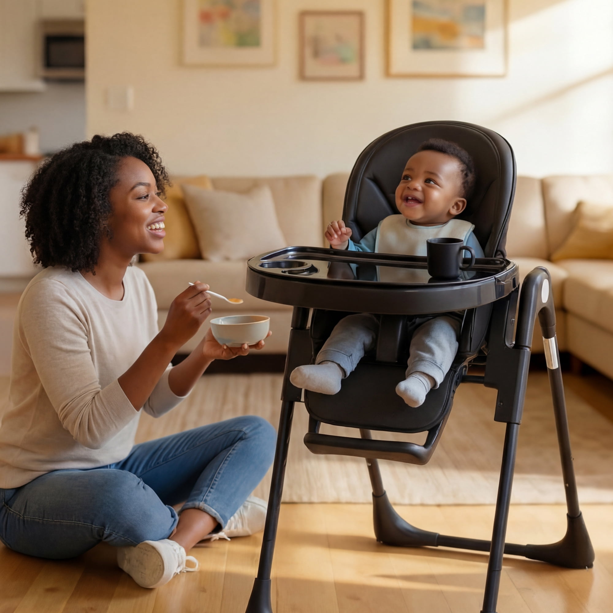 AILEEKISS Foldable High Chair for Baby, Toddler Eating Chair with Detachable Double Trays, Black
