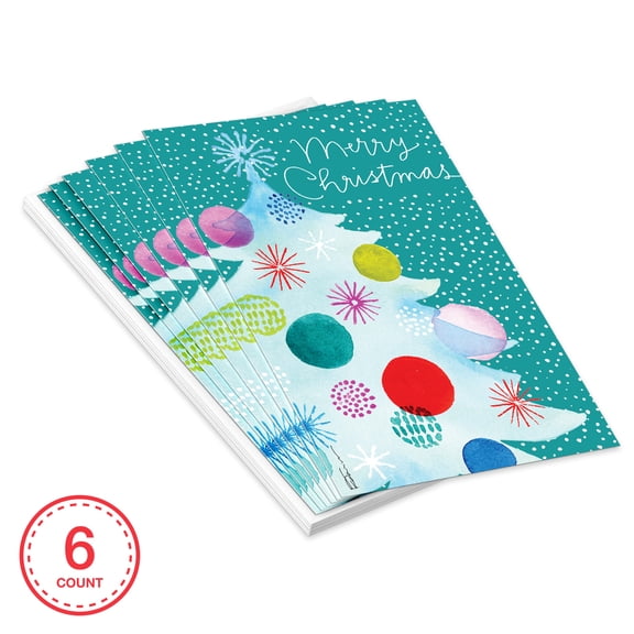 American Greetings 6-Count Christmas Card Pack designed by Kathy Davis Studios, Aqua Watercolor Tree Design