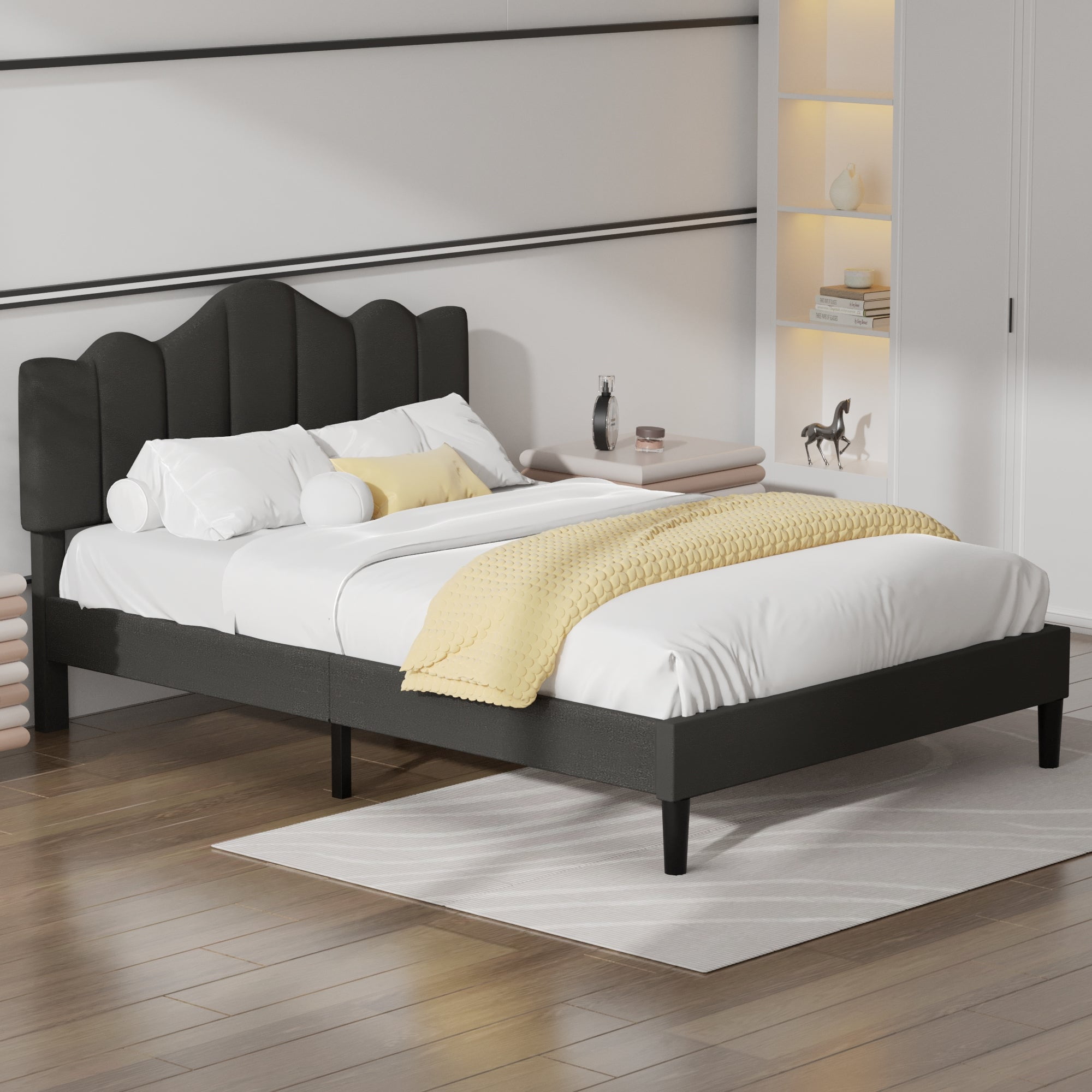 VECELO Queen Size Upholstered Platform Bed Frame with Adjustable Headboard, No Box Spring Needed, Easy Assembly, Dark Gray