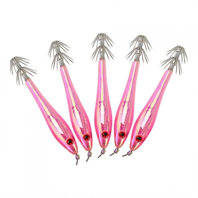 Señuelos de pesca de calamar duro de plástico, 5 uds., 9,5 cm, con doble gancho (rosa)