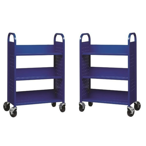Home Square 2 Piece Single-sided Mobile Metal Book Cart Set in Classic Blue