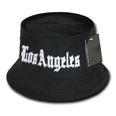 Black Los Angeles LA 3D Vintage Fisherman's Fishing Bucket Hat Hats S/M L/XL-L /