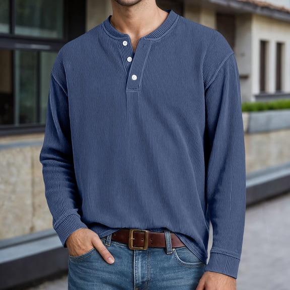 CHENHANN Mens Tee Shirts Long Sleeve Corduroy Button Down Crewneck Henley T-Shirt Basic Blue Button Shirt Mens Fashion Clothing