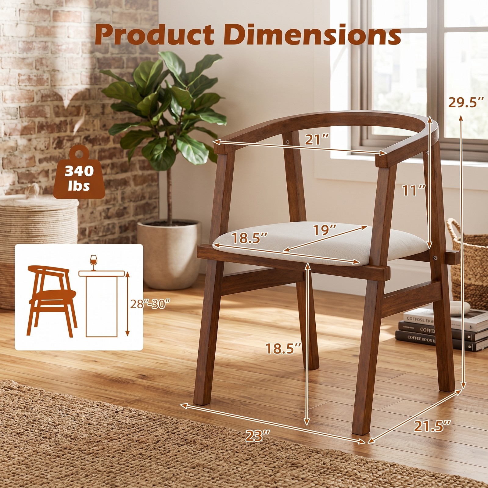 Furnibear Set of 2 Solid Rubber Wood Dining Chairs, Upholstered Wrap-Around Armrest Kitchen Side Chairs with Curved Backrest for Home Dining Room, Walnut & Beige