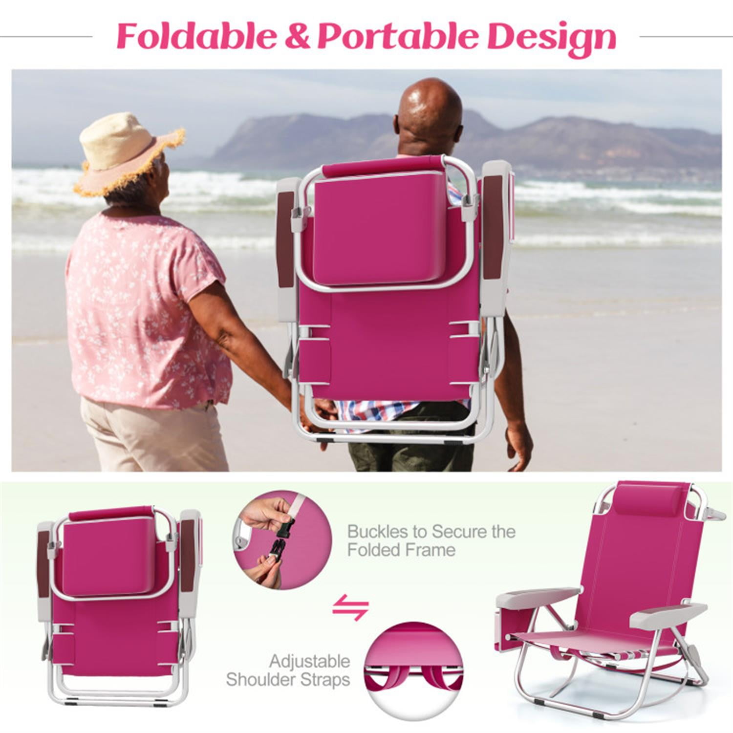 Demi Bonn Foldable Backpack Beach Chair with Cup Holder and Storage Pockets for Outdoor, Patio Accent Furniture Lounge Chairs for Yard, Garden, Pink