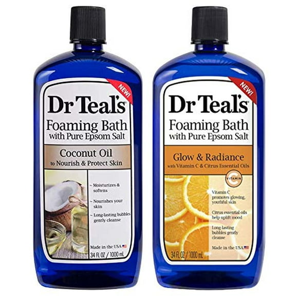 Dr. Teal's Ensemble Cadeau de Bain Moussant Variété (2 Pack, 34oz Chacun) - Nourrir & Protéger l'Huile de Coco, Éclat & Éclat Vitamine C & Agrumes