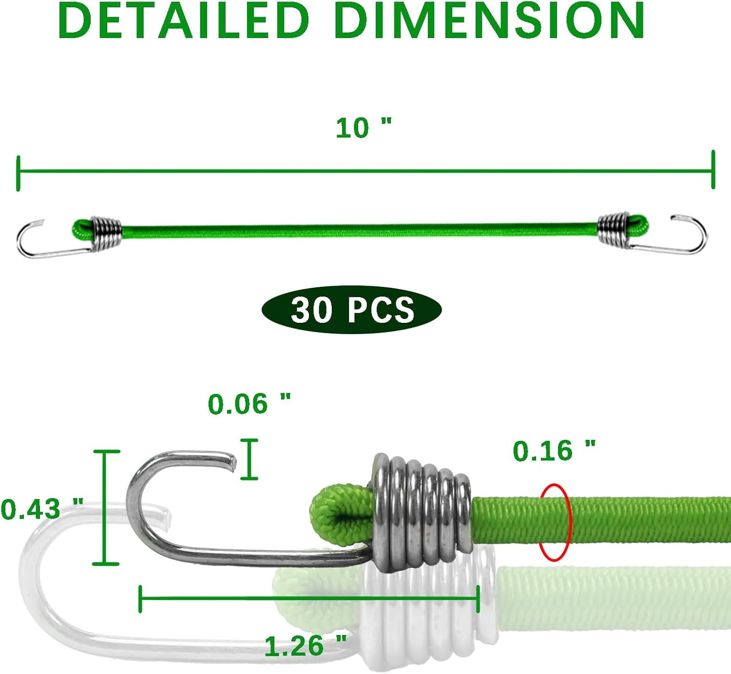 30 Pack Small Bungee Cords with Hooks, 10 Inch Bungee Cords with Hooks, Tents, Tarps, Bikes, RV,Luggage Roof Racks, Cargo, Green