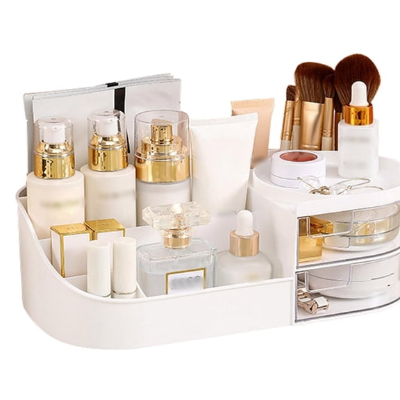 Makeup Organizer Countertop with 2 Drawer,Medium Capacity Skincare Cosmetic Cases for Vanity Bathroom Desktop, Cream White(11.2x6.3x4.13 inch)