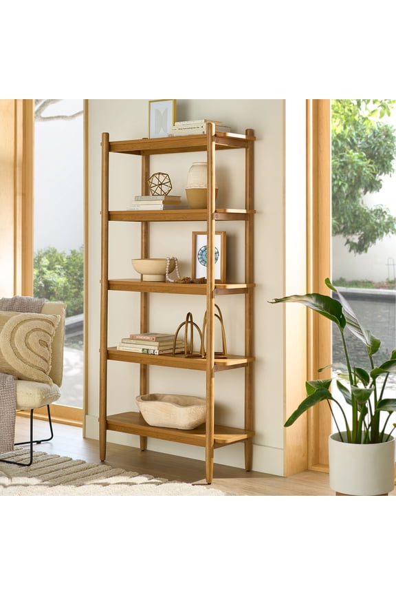 Springwood 5 Shelf Bookcase with Solid Wood Frame, Light Honey Finish