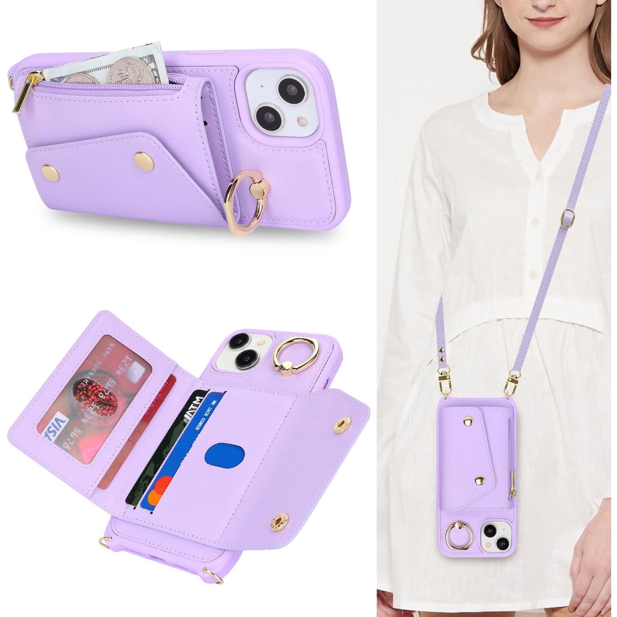 for iPhone 15 Plus Case with Card Holder and Strap - Zipper Pocket,Crossbody Lanyard Strap,Credit Card Holder,Stand Ring,Cute Phone Wallet Case for Women(Purple,6.7 Inch)