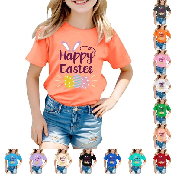 XFeng Kids Happy Easter T-Shirt, Bunny Ears Colorful Easter Egg Graphic Short Sleeve Tee