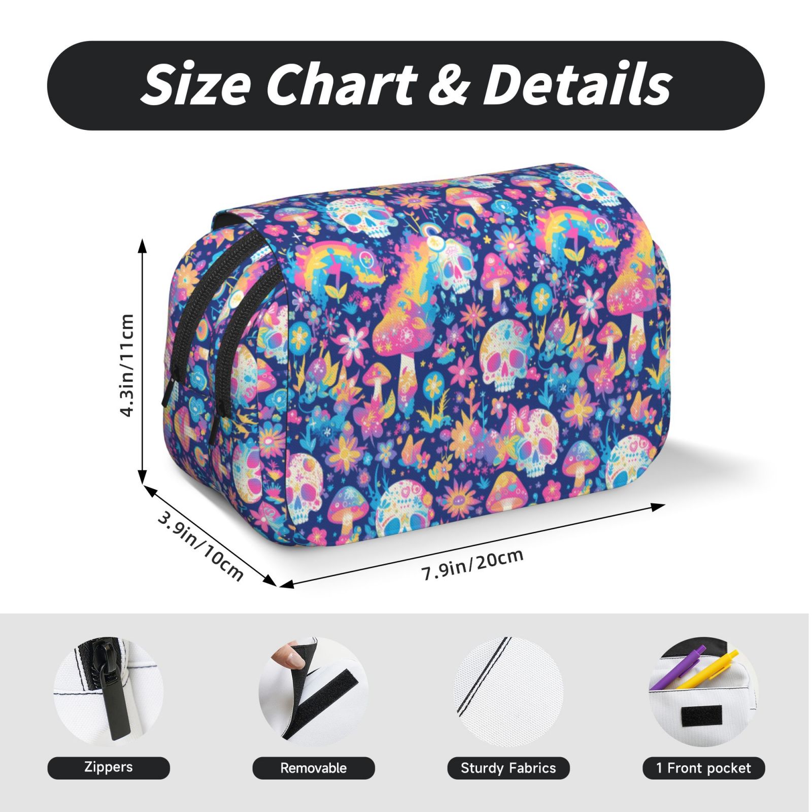 Rateoe mushroom Skull rainbow color Pattern Double Clamshell Pen Case, Storage Organizer with Two Zipper Compartments– Holds Up to 50 Pencils & Pens