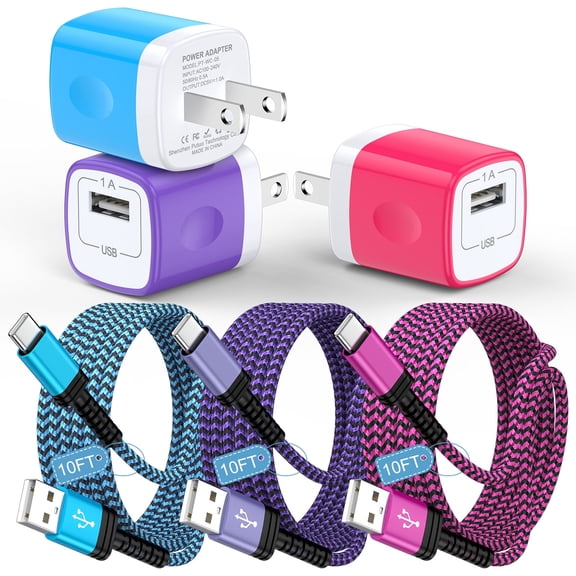 KIGPOZI USB Wall Charger, 3 Pack Type C Charger with 10FT Type C Cable Cord USB C Charging Cable USB A to Usb C Cable, Android Charger USB Charging Block USB Brick USB Plug Adapter[Multicolor]