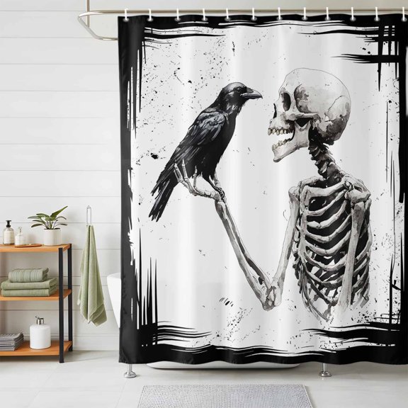 Shower Curtains for Bathroom, Halloween Waterproof Fabric Shower Curtain, Black White Skull Crow Decorative Bathroom Curtain for Bathtub, 72"x72", No Hooks Included