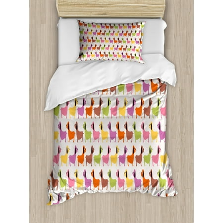 Dachshund Twin Size Duvet Cover Set, Abstract Colorful Puppy Pattern Vintage Animal Silhouettes Childrens Cartoon, Decorative 2 Piece Bedding Set with 1 Pillow Sham, Multicolor, by Ambesonne
