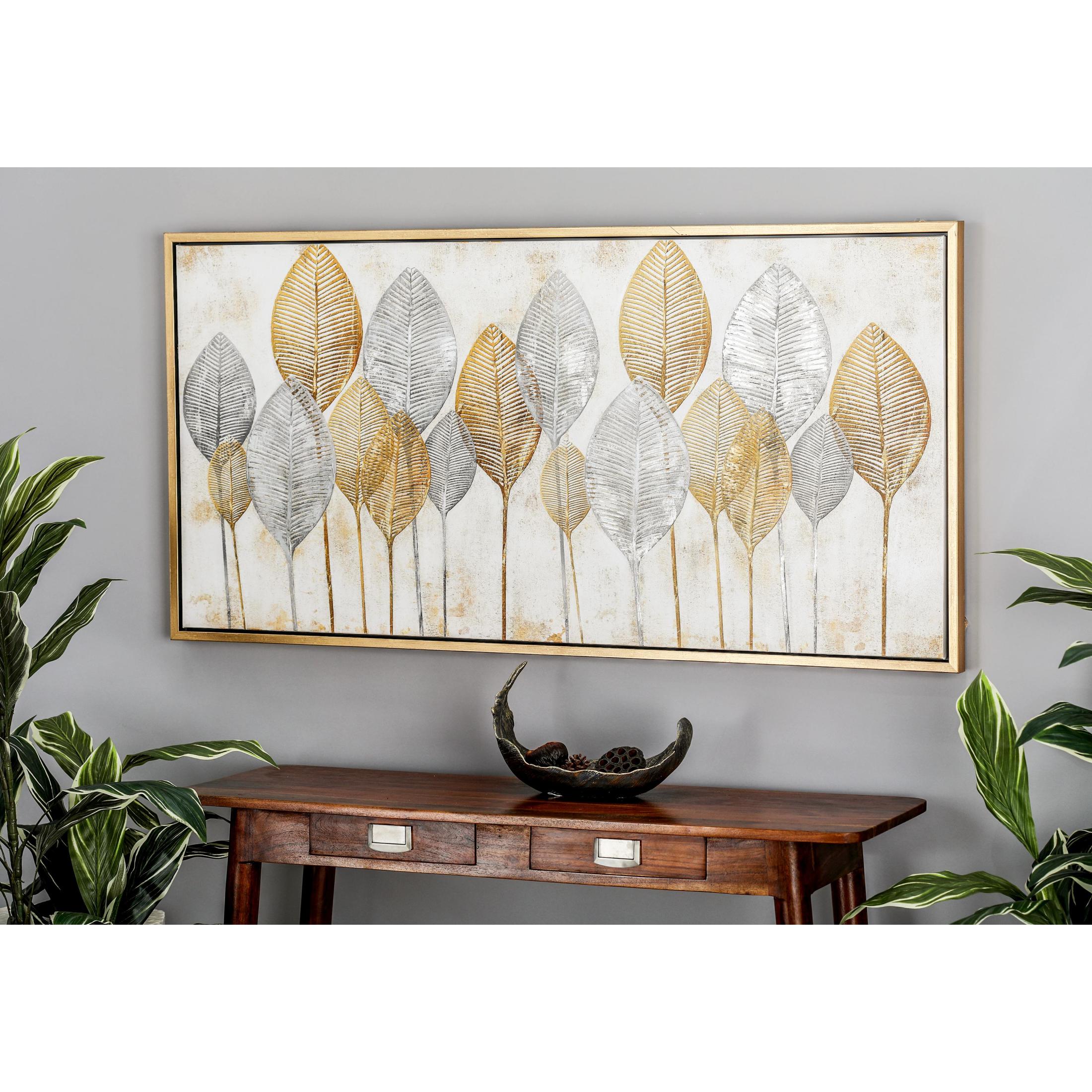 Cosmoliving by Cosmpolitan Contemporary Gold/Silver Leaves Canvas Framed Wall Art, 55"W x 27"H