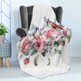 thumbnail image 4 of Flowers Soft Flannel Fleece Throw Blanket, Watercolor Style Effect Vintage Design with Roses Birds and Feathers, Cozy Plush for Indoor and Outdoor Use, 70" x 90", Coral and Reseda Green, by Ambesonne, 4 of 5