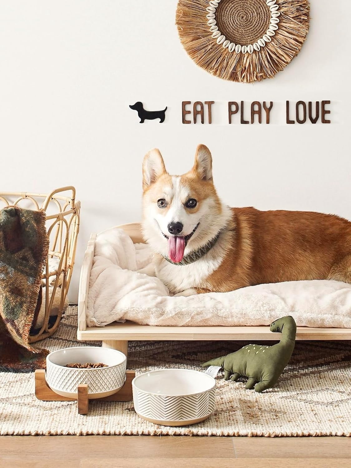 Ceramic Dog Bowls with Wood Stand, 4-Cup Pet Food and Water Dishes Set of 2 for Small Medium Dogs