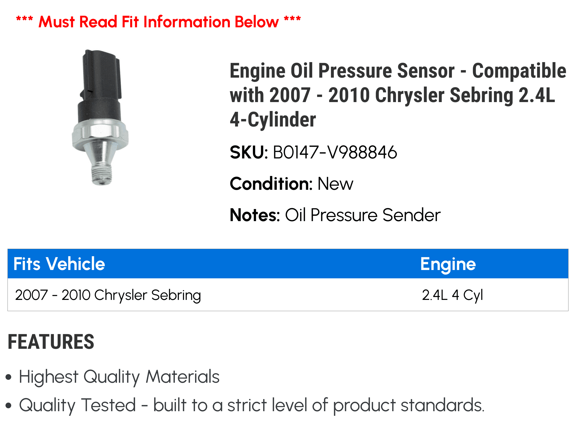 Engine Oil Pressure Sensor - Compatible with 2007 - 2010 Chrysler Sebring 2.4L 4-Cylinder 2008 2009