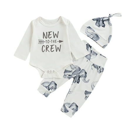 

NZRVAWS Baby Boys Outfits Winter Outfits 12 Months Baby Boys Letter Print 18 Months Baby Boys Romper Top Elephant Print Pants Hat 3Pcs Clothes Set White