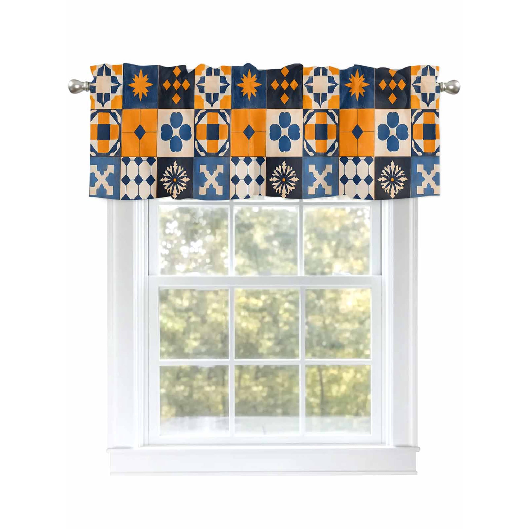 Vintage Plaid Curtain Valances for Windows, Country Abstract Geometric Neutral Art Kitchen Valance Window Treatment, Light Filtering Block Curtains for Bathroom/Bedroom/Living Room 54'' x 18''