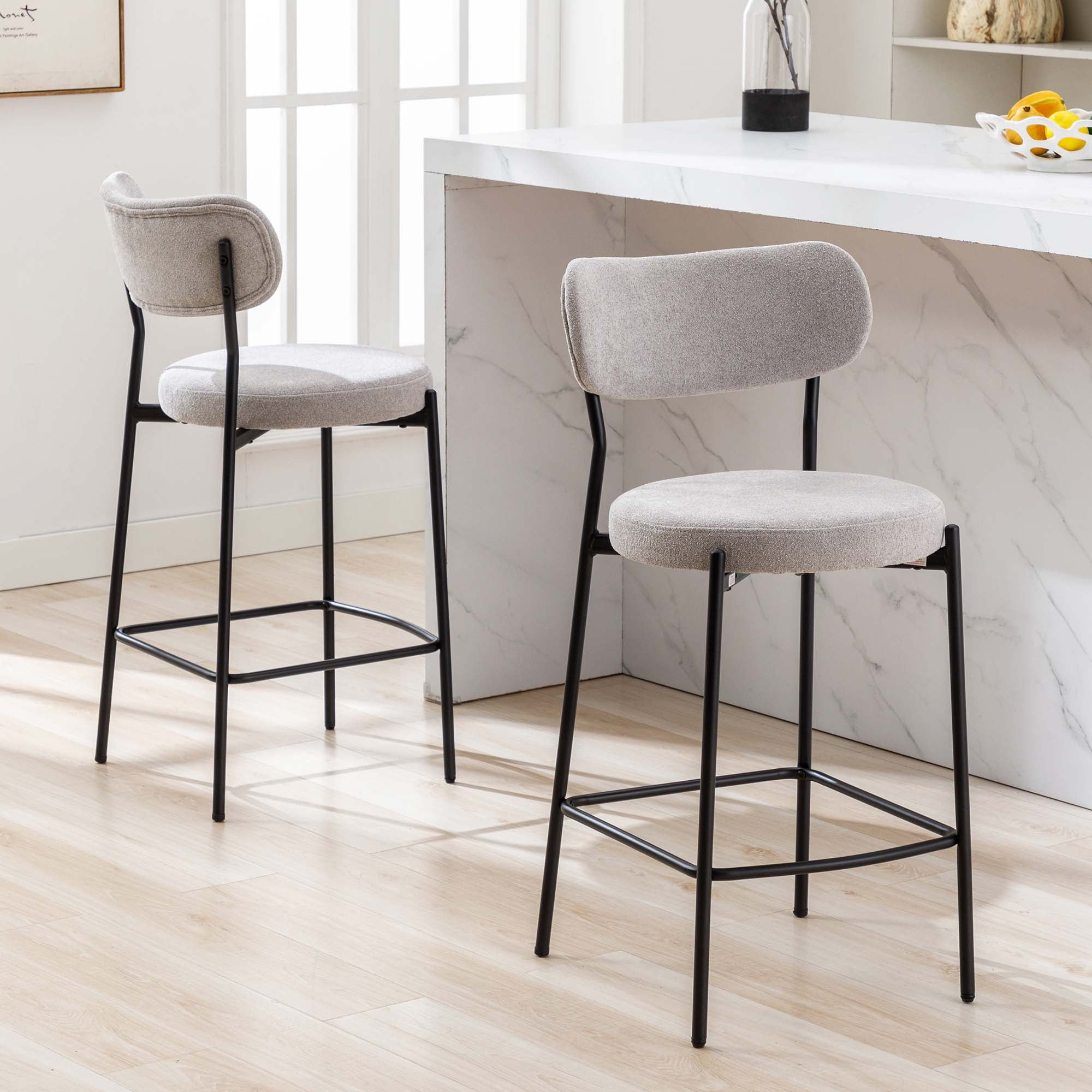 Duhome Boucle Fabric Bar Stools with Back Set of 2 Modern Counter Height Bar Stools with Black ...