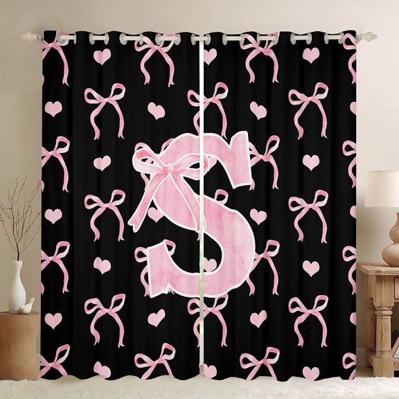 Feelyou Pink Initial Letter Curtains Pack of 2 (42x84 Each), Monogrammed S Curtains Blackout, Princess Bowknot Bedroom Curtains, Curtains and Drapes Room Decoration