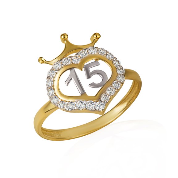 14k Yellow Gold Cubic Zirconia 15 Años Heart Crown Quinceañera Ring (Size 4)