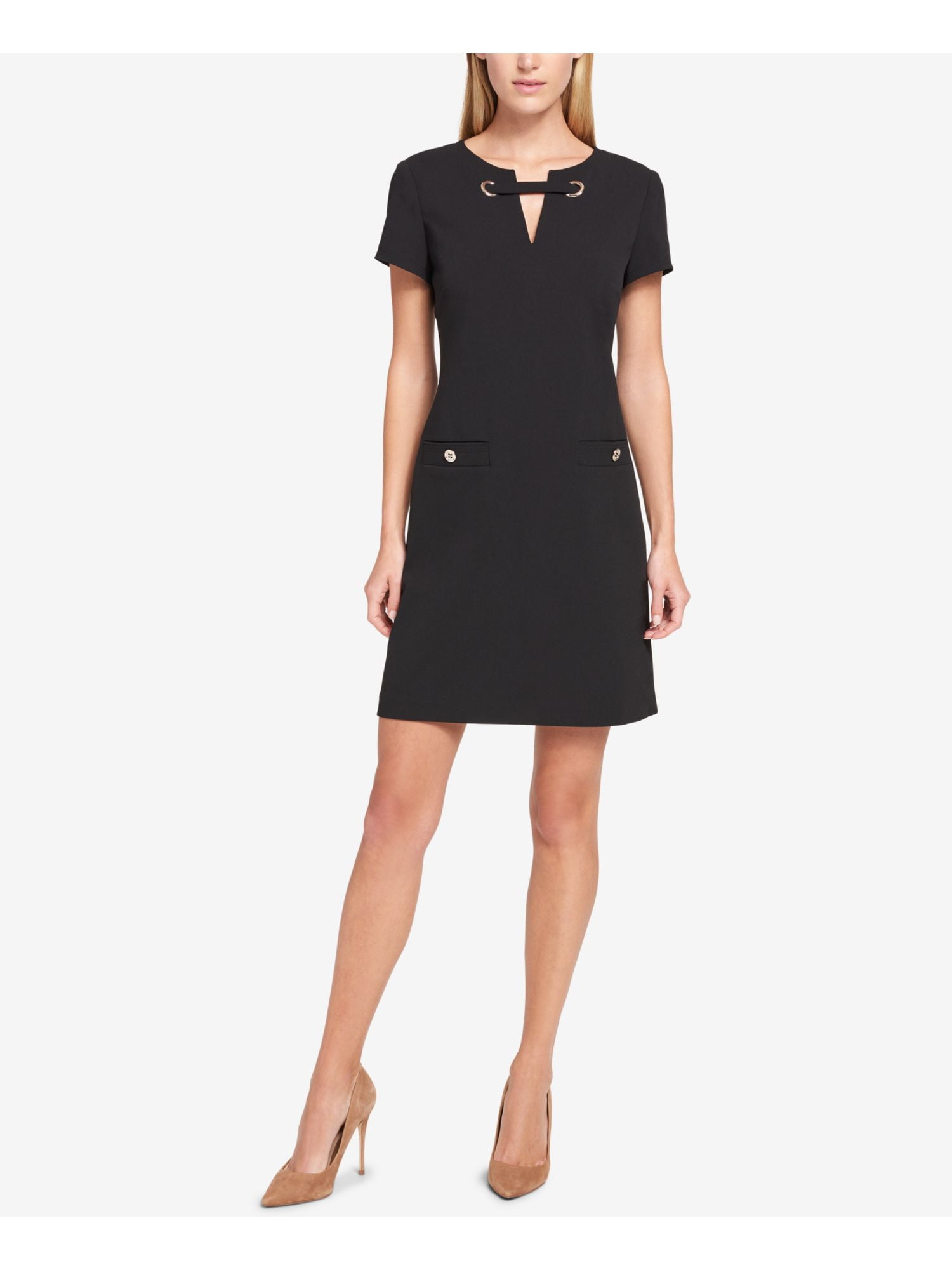 Tommy Hilfiger Womens Black Stretch Zippered Pocketed Scuba Crepe Grommeted  Short Sleeve Split Above the Knee Cocktail Fit + Flare Dress 6 - Walmart.com