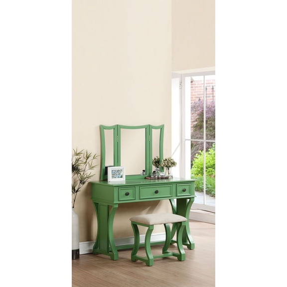 Neo-Classical Vanity Set with Stool Mirror - Apple Green Wood Makeup Table