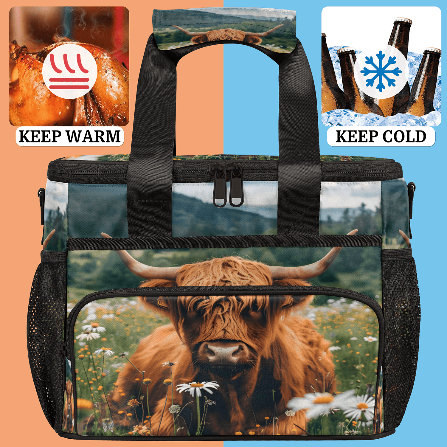 Herdesigns Highland Cow Spring Floral Large Lunch Box for Adults Women Men with Adjustable Shoulder Strap, Insulated Reusable Lunch Bag Leakproof Cooler Tote Bag